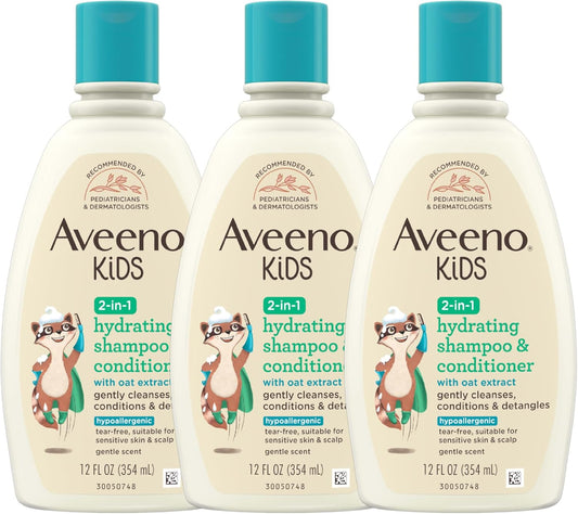 Aveeno Kids 2 in 1 Hydrating Shampoo & Conditioner, Gently Cleanses, Conditions & Detangles Kids Hair, With Oat Extract, For Sensitive Skin & Scalp, Hypoallergenic, 12 Fl Oz (Pack of 3)
