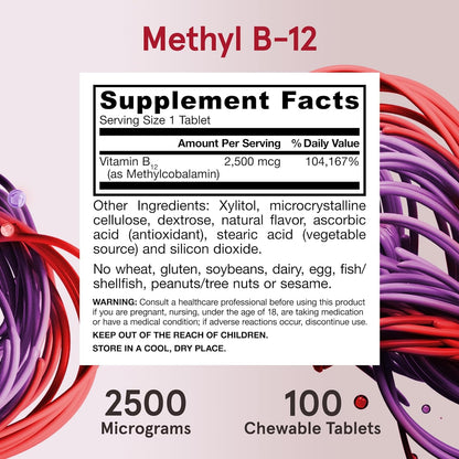 Jarrow Formulas Methyl B-12 Tablets, 500 mg, Dietary Supplement For Cellular Energy Production and Brain Health Support, 100 Cherry Flavor Chewable Tablets, 100 Day Supply