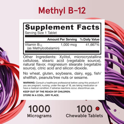 Jarrow Formulas Methyl B-12 Tablets, 500 mg, Dietary Supplement For Cellular Energy Production and Brain Health Support, 100 Cherry Flavor Chewable Tablets, 100 Day Supply