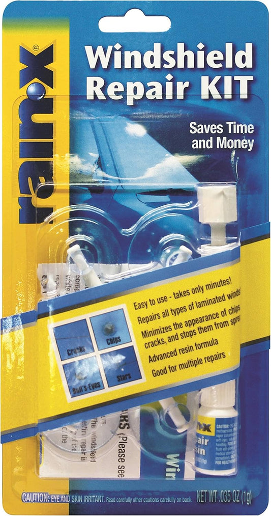 Rain-X 600001 Windshield Repair Kit - Quick And Easy Durable Resin Based Kit for Chips and Cracks, Good For Round Damage Below 1" In Diameter And Cracks Smaller Than 12" In Length, BLUE,YELLOW